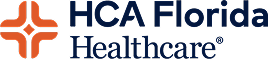 Logo of HCA Florida Healthcare with a blue sans-serif font. An orange cross symbol, featuring a diamond shape at its center, appears on the left.