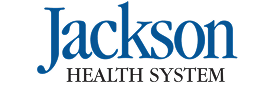 Logo for Jackson Health System. The word "Jackson" is in bold blue text above "Health System" in smaller black text on a black background.