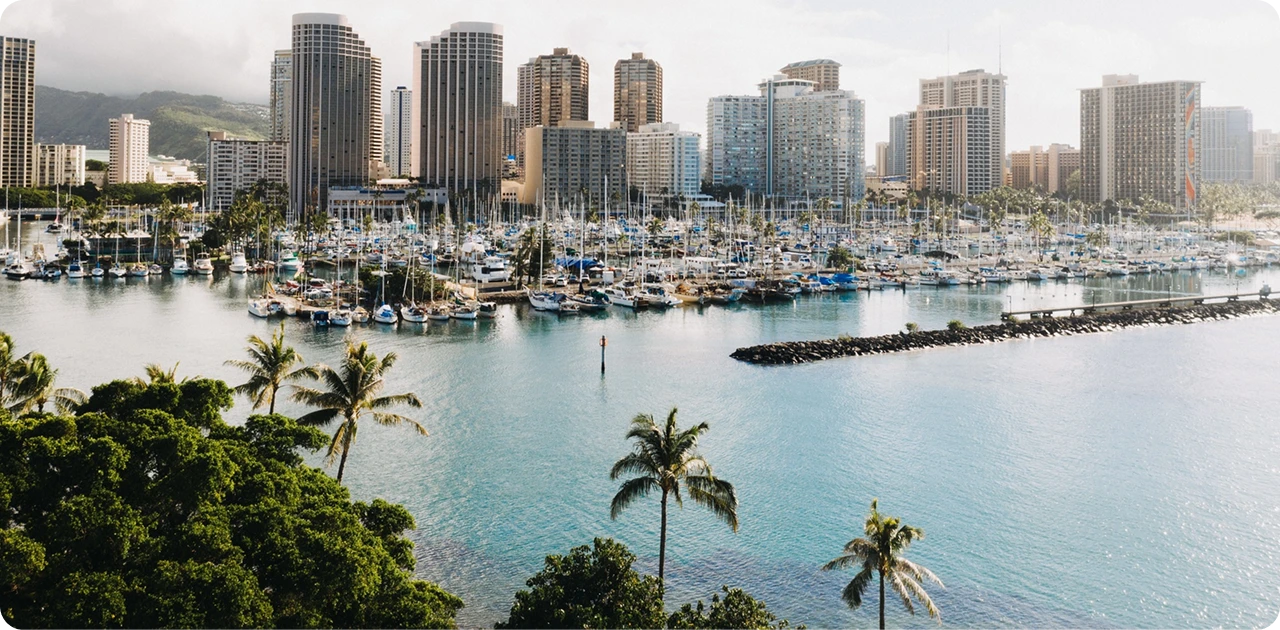 A marina with numerous sailboats is in the foreground, surrounded by clear blue water and lush palm trees, set against a backdrop of tall city skyscrapers.