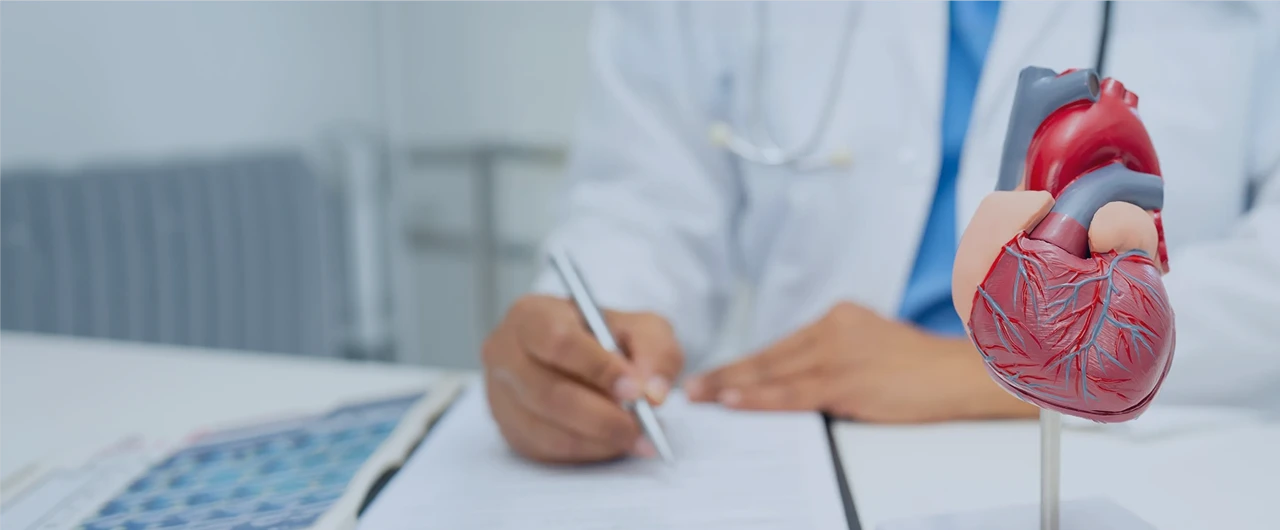 A doctor writes notes at a desk with a stethoscope visible. A detailed heart model is in the foreground, emphasizing medical and healthcare themes.